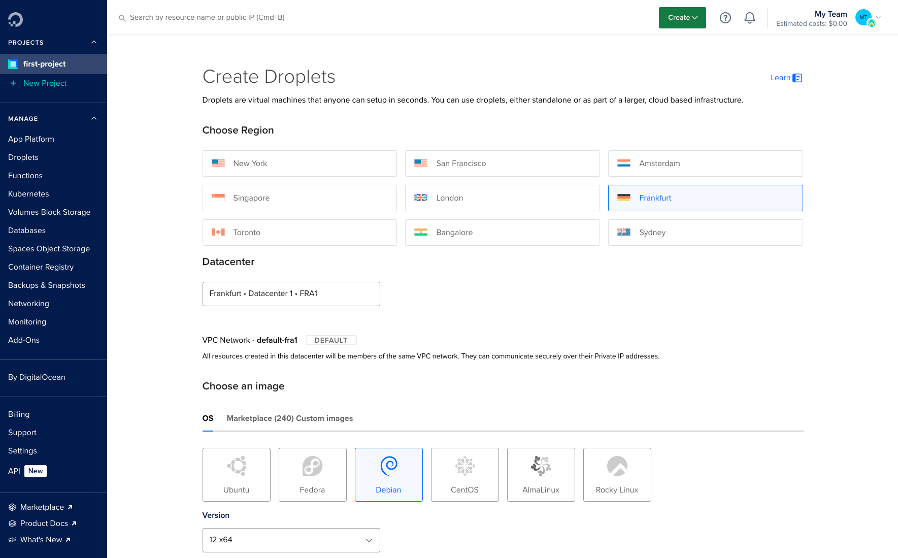 A screenshot of the Digitalocean cloud control panel when creating a droplet